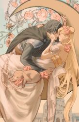 Rule 34 | 1boy, 1girl, arm around neck, arm around waist, armor, art nouveau, back bow, bare shoulders, bead bracelet, beads, bishoujo senshi sailor moon, black cape, black hair, black shirt, blonde hair, bow, bracelet, cape, closed eyes, couple, crescent moon, double bun, dress, endymion (sailor moon), feet out of frame, flower, hair between eyes, hair bun, hair flower, hair ornament, hand on another&#039;s cheek, hand on another&#039;s face, hetero, highres, imminent kiss, jewelry, leaning forward, long dress, long hair, long sleeves, looking at another, moon, off-shoulder dress, off shoulder, parted bangs, parted lips, pink flower, pink rose, princess serenity, rabbit, rose, shirt, short hair, short sleeves, shoulder armor, shy (ribboneels), sidelocks, smile, thorns, twintails, upper body, very long hair, white dress