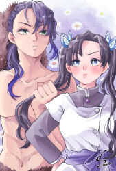 Rule 34 | 1boy, 1girl, :t, alternate hair length, alternate hairstyle, asymmetrical bangs, black hair, blue eyes, blush, butterfly hair ornament, demon slayer uniform, dress, eyelashes, flower, green eyes, hair ornament, hair over shoulder, hand on own hip, hashibira inosuke, height difference, hetero, highres, holding another&#039;s hair, kanzaki aoi (kimetsu no yaiba), kimetsu no yaiba, light particles, looking at viewer, parted bangs, pelt, pinafore dress, ponytail, pout, purple background, purple hair, sideways glance, signature, sky blue 025250, sleeveless, sleeveless dress, topless male, twintails, upper body, white background, white dress, white flower