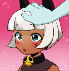 Rule 34 | animated, animated gif, blush, bob cut, cat girl, fang, firemauer, headpat, ms. fortune (skullgirls), neck bell, open mouth, pink background, portrait, scar, short hair, skullgirls, sparkling eyes, upper body, white hair, wide-eyed