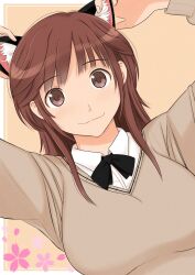 Rule 34 | 1girl, amagami, animal ears, arms up, black bow, black bowtie, bow, bowtie, breasts, brown eyes, brown hair, brown sweater, cat ears, closed mouth, collared shirt, hand on own ear, highres, kibito high school uniform, large breasts, long hair, long sleeves, sakurai rihoko, school uniform, shirt, solo, sweater, takemi kaoru, upper body, white shirt