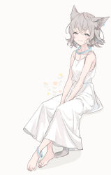Rule 34 | 1girl, animal ear fluff, animal ears, anklet, bare shoulders, barefoot, between legs, blue eyes, blush, breasts, cat ears, cat girl, cat tail, commentary request, dress, earrings, full body, grey hair, hand between legs, highres, jewelry, kinutani yutaka, looking at viewer, necklace, original, short hair, sitting, sleeveless, sleeveless dress, small breasts, smile, solo, spaghetti strap, tail, toes, wavy hair, white background, white dress