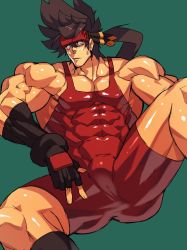 Rule 34 | 1boy, ass, bara, bare shoulders, brown hair, bulge, covered abs, covered anus, feet out of frame, fingerless gloves, gloves, guilty gear, headgear, highres, large pectorals, long hair, male focus, muscular, na insoo, pectorals, ponytail, shiny skin, simple background, sitting, sol badguy, solo, spiked hair, sweatdrop, thighs, tight clothes, wrestling outfit, yellow eyes