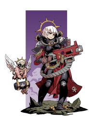 Rule 34 | 1.00 calibre bolt, 1girl, absurdres, adepta sororitas, alt text, ammunition belt, ammunition chute, angel wings, anti-materiel cartridge, armor, bolt (warhammer 40k), bolt pistol, bolter, breasts, cannon cartridge, cape, flamer, full body, gun, heavy bolter, high-explosive cartridge, highres, holding, holding weapon, imperium of man, large-caliber cartridge, pauldrons, power armor, purity seal, purple background, rmulderz, rocket-assisted projectile, short hair, shoulder armor, simple background, warhammer 40k, weapon, white hair, wings
