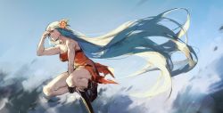 Rule 34 | 1girl, absurdly long hair, blue hair, boots, breasts, brown footwear, chap sal !, cleavage, collarbone, cookie run, dress, flower, hair flower, hair ornament, highres, long hair, off-shoulder dress, off shoulder, orange dress, orange eyes, orange flower, sky, solo, symbol-only commentary, tiger lily cookie, very long hair