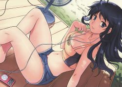 Rule 34 | 1girl, aflame inferno, ahoge, bare legs, barefoot, blue eyes, blue hair, breasts, cleavage, collarbone, cutoffs, denim, denim shorts, digital media player, dutch angle, earbuds, earphones, electric fan, highres, kim kwang hyun, large breasts, light smile, long hair, matching hair/eyes, midriff, navel, open fly, shin chaehee, short shorts, shorts, sitting, solo, sports bra, strap lift, sweat, unzipped