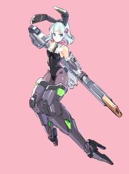 Rule 34 | 1girl, animal ears, arms behind back, black leotard, blue eyes, blue hair, boots, breasts, character request, copyright request, elbow gloves, fake animal ears, gloves, grey gloves, gun, high heel boots, high heels, highres, holding, holding gun, holding weapon, ishiyumi, leotard, mecha musume, mechanical ears, armored boots, playboy bunny, rabbit ears, science fiction, small breasts, smile, solo, thigh boots, thighhighs, weapon