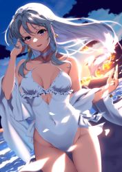 Rule 34 | 1girl, asymmetrical bangs, casual one-piece swimsuit, cloud, commentary request, cowboy shot, flower, frilled swimsuit, frills, gradient sky, grey hair, hair flower, hair ornament, hairband, highleg, highleg swimsuit, highres, kagari liroi, kantai collection, long hair, official alternate costume, one-piece swimsuit, purple eyes, sagiri (kancolle), shawl, side-tie swimsuit, sky, solo, sunset, swept bangs, swimsuit, thigh gap, white one-piece swimsuit, white shawl