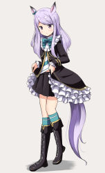 Rule 34 | 1girl, aikawa ryou, animal ears, aqua bow, aqua bowtie, black skirt, blush, boots, bow, bowtie, commentary, ear bow, frilled sleeves, frills, full body, highres, horse ears, horse girl, horse tail, knee boots, light purple hair, long hair, long sleeves, looking at viewer, mejiro mcqueen (umamusume), pleated skirt, purple eyes, simple background, skirt, smile, solo, swept bangs, tail, umamusume