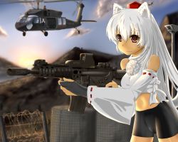 Rule 34 | 1girl, aircraft, alternate hairstyle, animal ears, assault rifle, barbed wire, bike shorts, breasts, crop top, detached sleeves, eotech, female focus, fingerless gloves, gloves, gun, hat, helicopter, inubashiri momiji, long hair, m4 carbine, midriff, navel, red eyes, rifle, shirt, solo, tail, taut clothes, taut shirt, tokin hat, touhou, u.s.m.c, uh-60 blackhawk, weapon, white hair, wolf ears, wolf tail