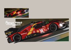Rule 34 | arhentol, car, ferrari, ferrari 499p, from side, glowing, highres, le mans prototype, motor vehicle, no humans, photo-referenced, race vehicle, racecar, real life, reference inset, shell (company), spoiler (automobile), vehicle focus, world endurance championship