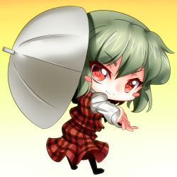 Rule 34 | 1girl, blush stickers, chibi, female focus, gradient background, green hair, holding, kazami yuuka, kimagure ringo, outstretched arm, outstretched hand, plaid, red eyes, short hair, solo, touhou, umbrella