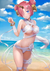 Rule 34 | 1girl, bad id, bad pixiv id, bandaged arm, bandaged leg, bandages, beach, blue eyes, blue sky, blush, bracelet, breasts, day, detached sleeves, double bun, fate/grand order, fate (series), frankenstein&#039;s monster (fate), frankenstein&#039;s monster (swimsuit saber) (fate), frankenstein&#039;s monster (swimsuit saber) (third ascension) (fate), hair bun, hair ornament, hair over one eye, hairclip, headgear, horns, jewelry, looking at viewer, medium breasts, mokyumokyuchan, naked bandage, navel, ocean, open mouth, pink hair, short hair, single detached sleeve, single horn, sky, solo, standing, thighs