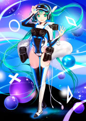Rule 34 | 1girl, aqua eyes, aqua hair, boots, controller, cosplay, floating hair, game console, game controller, gamepad, hatsune miku, head-mounted display, headphones, highres, leotard, long hair, long sleeves, mikazuki akira!, personification, playstation 5, solo, teeth, thigh boots, thighhighs, upper teeth only, usb, very long hair, vocaloid, waving