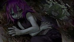 Rule 34 | 2girls, :3, :p, blood, blood from mouth, closed eyes, colored blood, crop top, dark, dirty, female focus, green hair, hair between eyes, injury, looking at viewer, lying, multiple girls, on ground, on side, original, pale skin, pants, puddle, purple blood, purple hair, reflection, ro47, sleeveless, smile, tongue, tongue out