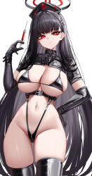 Rule 34 | 1girl, belt, bikini, black belt, black bikini, black gloves, black hair, black halo, black thighhighs, blue archive, breasts, bright pupils, closed mouth, cross, elbow gloves, eternity (shadeh), expressionless, eyeliner, gloves, groin, hair ornament, hairclip, halo, hand on own hip, hat, highres, holding, holding syringe, large breasts, long hair, looking at viewer, makeup, navel, nurse, nurse cap, red cross, red eyeliner, red eyes, rio (blue archive), shrug (clothing), simple background, skindentation, solo, stomach, swimsuit, syringe, thighhighs, thighs, very long hair, white background, white pupils