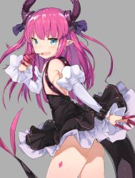 Rule 34 | blue eyes, bow, breasts, commentary request, elizabeth bathory (fate), elizabeth bathory (fate/extra ccc), elizabeth bathory (first ascension) (fate), fate (series), hair bow, highres, horns, kei (soundcross), long hair, looking at viewer, nail polish, out of frame, pink hair, pink nails, pointing, pointing at self, purple ribbon, ribbon, small breasts, smile