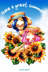 Rule 34 | 1boy, 1girl, closed eyes, digimon, digimon adventure 02, flower, glasses, hat, kido jo, smile, sunflower, tachikawa mimi