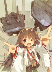 Rule 34 | &gt; o, 10s, 1girl, ;d, hiei (kancolle), kantai collection, miyako (naotsugu), naotsugu, one eye closed, open mouth, ribbon-trimmed sleeves, ribbon trim, smile, solo, wink