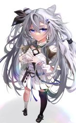Rule 34 | 1girl, absurdres, animal ears, asymmetrical legwear, breasts, closed mouth, dress, fingers together, foreshortening, from above, full body, grey hair, highres, hololive, hololive indonesia, kneehighs, long hair, looking at viewer, purple eyes, sazuna (user gepn5443), single kneehigh, single sock, single thighhigh, socks, thighhighs, very long hair, vestia zeta, virtual youtuber