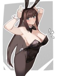 Rule 34 | 1girl, animal ears, aozaki aoko, blue eyes, bow, bowtie, breasts, brown hair, cleavage, commentary, detached collar, english commentary, hair intakes, highres, jonyeld, large breasts, leotard, long hair, mahou tsukai no yoru, pantyhose, playboy bunny, rabbit ears, rabbit tail, simple background, solo, tail, white wrist cuffs, wrist cuffs