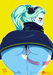 Rule 34 | 1girl, artist name, ass, bent over, black jacket, blue skin, blush, cameltoe, cleft of venus, colored sclera, colored skin, cyberpunk (series), cyberpunk edgerunners, from behind, green eyes, green hair, huge ass, jacket, kneepits, lips, long hair, looking at viewer, looking back, open mouth, outline, rebecca (cyberpunk), red sclera, shimetta masuta, simple background, solo, thigh gap, tongue, tongue out, twintails, white outline, yellow background