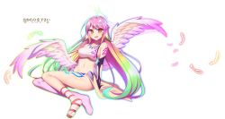 Rule 34 | 1girl, angel wings, artist name, asymmetrical legwear, breasts, bridal gauntlets, commentary, commission, spiked halo, cowfee, crop top, cross, english commentary, feathered wings, feathers, gradient eyes, gradient hair, halo, highres, jibril (no game no life), large breasts, long hair, looking at viewer, low wings, magic circle, midriff, mismatched legwear, multicolored eyes, multicolored hair, navel, no game no life, open mouth, orange eyes, pink hair, sideboob, smile, solo, symbol-shaped pupils, tattoo, very long hair, wing ears, wings, yellow eyes