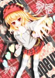 Rule 34 | 1girl, :d, alternate costume, alternate hairstyle, blonde pubic hair, casual, collarbone, cross, cross necklace, flandre scarlet, hat, highres, jewelry, leaning forward, long hair, looking at viewer, necklace, open mouth, plaid, plaid skirt, pleated skirt, reaching, red eyes, skirt, smile, solo, striped clothes, striped thighhighs, thighhighs, touhou, wings, yuimari, zettai ryouiki