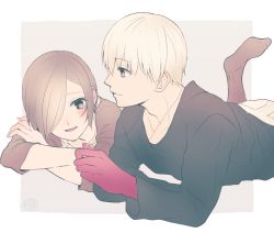 Rule 34 | 1boy, 1girl, :d, black shirt, blush, brown shirt, colored skin, commentary request, couple, crossed arms, foot up, gradient background, hair over one eye, holding, jewelry, kaneki ken, kirishima touka, looking at another, lying, nabe-box, necklace, no shoes, on stomach, open mouth, red skin, ring, ring necklace, shirt, short hair, smile, tokyo ghoul, tokyo ghoul:re
