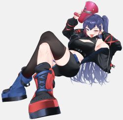Rule 34 | 1girl, absurdres, airi cordelia, armpits, arms up, asymmetrical footwear, bag, belt, belt buckle, black belt, black jacket, black scrunchie, black shorts, black thighhighs, blue eyes, blue footwear, blue hair, blush, boots, breasts, buckle, ch4nge (cevio), character name, cleavage, cleavage cutout, clothing cutout, collarbone, colored tips, commentary, commission, crop top, cross-laced footwear, crossed bangs, crossed legs, english commentary, eyebrows hidden by hair, eyelashes, fangs, fish hair ornament, full body, grey background, hair between eyes, hair ornament, hair scrunchie, hairclip, half-closed eyes, hand on own head, heterochromia, high collar, highres, holding, holding megaphone, index finger raised, indie virtual youtuber, jacket, long hair, long sleeves, looking at viewer, lying, medium breasts, megaphone, midriff, mismatched footwear, multicolored hair, official art, on back, one side up, open clothes, open jacket, open mouth, red eyes, red footwear, red hair, robbilgigih, satchel, scrunchie, shorts, side ponytail, simple background, single thighhigh, sleeves past wrists, snap-fit buckle, solo, sticker, strap, streaked hair, teeth, thighhighs, tongue, tongue out, two-tone hair, virtual youtuber, wave hair ornament