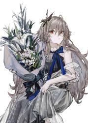 Rule 34 | 1girl, absurdres, black dress, bouquet, breasts, closed mouth, clothes lift, dress, dress lift, flower, girls&#039; frontline, hair ornament, highres, holding, holding bouquet, holding flower, long hair, looking at viewer, mole, mole under eye, nail polish, platinum blonde hair, qiujiao, red eyes, solo, sp9 (girls&#039; frontline), sp9 (slumbering starry dream) (girls&#039; frontline), white background, white dress