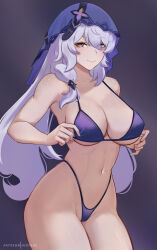 1girl absurdres artist_name bare_shoulders bikini black_swan_(honkai:_star_rail) blush breasts brown_eyes cleavage collarbone highleg highleg_bikini highres hioyami honkai:_star_rail honkai_(series) large_breasts long_hair looking_at_viewer navel patreon_username purple_bikini purple_hair smile solo swimsuit thighs veil