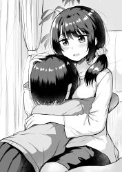 2girls absurdres betock between_breasts blush breasts commentary_request curtains greyscale hand_on_another&#039;s_back hand_on_another&#039;s_head head_between_breasts headpat highres hug indoors long_hair long_sleeves monochrome multiple_girls original parted_lips pleated_skirt ponytail school_uniform short_hair sitting skirt yuri