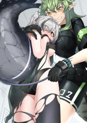 Rule 34 | 2girls, ahoge, arknights, arm around shoulder, armband, ass, bare shoulders, belt, belt pouch, bikini, black bikini, black gloves, black hair, black shorts, blush, bracelet, breasts, closed mouth, crocodilian tail, eyes visible through hair, from behind, from below, gavial (arknights), gavial (combat medic) (arknights), gloves, green hair, grey hair, hair over one eye, hand on own chest, highres, infection monitor (arknights), jewelry, large breasts, large tail, long hair, looking at viewer, looking back, material growth, medium breasts, multicolored hair, multiple girls, nose blush, official alternate costume, oripathy lesion (arknights), pointy ears, pouch, seto tinami, short sleeves, shorts, smile, standing, streaked hair, swimsuit, tail, thighhighs, tomimi (arknights), torn clothes, torn thighhighs, two-tone hair, underboob, v-shaped eyebrows, yellow eyes, yuri