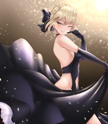 Rule 34 | 1girl, artoria pendragon (all), artoria pendragon (alter swimsuit rider) (third ascension) (fate), artoria pendragon (fate), backless dress, backless outfit, bare shoulders, black bow, black dress, black gloves, blonde hair, blush, bow, braid, breasts, brown background, clothing cutout, crimecrime, dress, earrings, elbow gloves, fate/stay night, fate (series), french braid, gloves, gradient background, hair between eyes, hair bow, jewelry, long hair, looking at viewer, medium breasts, navel, navel cutout, one eye closed, saber alter, sidelocks, smile, solo, sparkle, yellow eyes