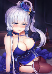 Rule 34 | 1girl, alternate costume, arm support, azur lane, bare shoulders, blue choker, blue dress, blue eyes, blush, bottle, breasts, choker, cleavage, criss-cross halter, cross hair ornament, cup, dress, drinking glass, flower, garter straps, gloves, hair flower, hair ornament, half-closed eyes, halterneck, highres, illustrious (azur lane), illustrious (never-ending tea party) (azur lane), indoors, large breasts, light purple hair, long hair, looking at viewer, love makira, low twintails, mole, mole under eye, night, on bed, purple thighhighs, red flower, red rose, ribbon, rose, sash, side ponytail, sidelocks, sitting, smile, solo, strap pull, tareme, thighhighs, twintails, yokozuwari