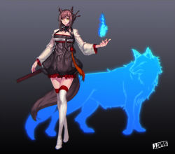 Rule 34 | 1girl, animal ears, bad id, bad pixiv id, black dress, blue fire, breasts, brown hair, cleavage, dress, fire, grey background, hair ornament, hair stick, highres, jjune, korean clothes, long sleeves, original, solo, tail, thighhighs, white thighhighs, wolf, wolf ears, wolf tail, yellow eyes, zettai ryouiki