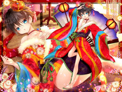 Rule 34 | 1boy, bare legs, barefoot, black hair, blue eyes, blush, collarbone, crown, hand fan, floral print, flower, full body, fur, gigantic o.t.n (vocaloid), hand on own chest, japanese clothes, lantern, male focus, obi, open mouth, sinwa (tamaki), smile, solo, traditional clothes, vocaloid, vocanese, zhiyu moke