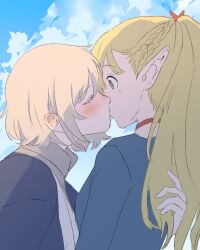 Rule 34 | 2girls, blonde hair, blue dress, blue robe, blue sky, blush, choker, cloud, commentary, day, dress, dungeon meshi, english commentary, falin touden, falin touden (tallman), from side, hand in another&#039;s hair, kiss, light brown hair, lisedraw, long hair, marcille donato, multiple girls, outdoors, profile, red choker, robe, short hair, sky, upper body, yuri