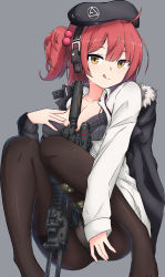 Rule 34 | 1girl, absurdres, ahoge, beret, breasts, girls&#039; frontline, gun, h&amp;k mp7, hat, highres, machine pistol, medium breasts, mp7 (girls&#039; frontline), pantyhose, partially undressed, personal defense weapon, red hair, saliva, saliva trail, short hair, solo, submachine gun, suppressor, tongue, tongue out, weapon, xandier59, yellow eyes