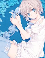 Rule 34 | amamiya chiharu, blue background, blue eyes, blue flower, blue rose, blue thighhighs, flower, from side, holding, lace, lace-trimmed legwear, lace trim, original, pajamas, rose, short hair, silver hair, solo, thighhighs