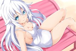 Rule 34 | 1girl, absurdres, bare shoulders, black heart (neptunia), blue eyes, blush, breasts, cleavage, highres, iwashi dorobou -r-, long hair, looking at viewer, medium breasts, neptune (series), one-piece swimsuit, sitting, solo, swimsuit, symbol-shaped pupils, very long hair, white hair, white one-piece swimsuit