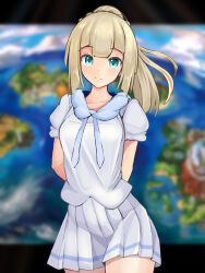 Rule 34 | 1girl, arms behind back, blonde hair, blunt bangs, closed mouth, creatures (company), game freak, green eyes, highres, lillie (pokemon), long hair, looking at viewer, map background, nintendo, panda sasasa, pleated skirt, pokemon, pokemon sm, ponytail, shirt, skirt, smile, white shirt, white skirt