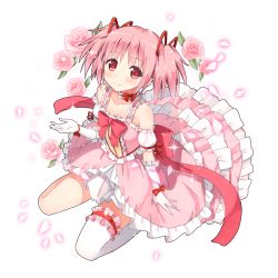 Rule 34 | 10s, 1girl, adapted costume, alternate costume, back bow, bow, dress, flower, frilled dress, frills, gloves, kaguyuzu, kaname madoka, looking up, mahou shoujo madoka magica, mahou shoujo madoka magica (anime), official art, petals, pink dress, pink eyes, pink flower, pink hair, pink rose, ribbon, ribbon-trimmed collar, ribbon trim, rose, short hair, short twintails, sitting, smile, solo, transparent background, twintails, wariza, white gloves, white legwear