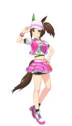 Rule 34 | 1girl, animal ears, ankle socks, bad link, belt, bike shorts, black socks, blunt bangs, blush, breasts, brown hair, cleavage, collarbone, colored shadow, crop top, cropped jacket, dated, drop shadow, ear covers, freckles, full body, game model, green eyes, grin, hand on own hip, hand up, hat, highres, horse ears, horse girl, horse tail, ines fujin (umamusume), jacket, large breasts, looking at viewer, medium hair, midriff, navel, open clothes, open jacket, pink footwear, pink skirt, pleated skirt, shadow, shoes, short sleeves, shorts, shorts under skirt, side ponytail, sidelocks, single ear cover, skirt, smile, sneakers, socks, solo, standing, star (symbol), tachi-e, tail, teeth, transparent background, umamusume, unzipped, visor cap, white belt, white hat, wristband
