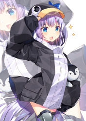 Rule 34 | &gt; &lt;, 1girl, :d, animal, animal hood, arm up, bird, black jacket, blue eyes, blush, carrying, carrying under arm, commentary, craytm, english commentary, fate/grand order, fate (series), hood, hood up, hooded jacket, jacket, long hair, long sleeves, meltryllis, meltryllis (fate), meltryllis (swimsuit lancer) (fate), meltryllis (swimsuit lancer) (first ascension) (fate), open mouth, penguin, penguin hood, puffy long sleeves, puffy sleeves, purple hair, salute, sleeves past fingers, sleeves past wrists, smile, solo, sparkle, v-shaped eyebrows, very long hair, white background