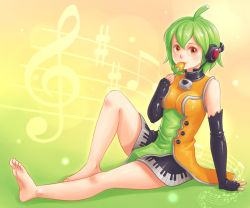 Rule 34 | 1girl, ahoge, arm support, bare shoulders, barefoot, breasts, dress, eating, feet, fingerless gloves, fl-chan, fl studio, full body, gloves, green hair, headset, looking at viewer, medium breasts, ninjaham, short hair, sitting, smile, solo, vocaloid