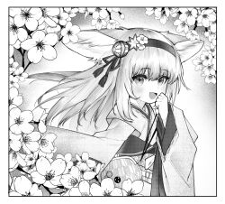 Rule 34 | 1girl, :d, animal ears, arknights, black border, blush, border, clenched hand, flower, fox ears, greyscale, hair flower, hair ornament, hair ribbon, hairband, hand up, highres, japanese clothes, kimono, long hair, long sleeves, looking at viewer, monochrome, open mouth, ribbon, smile, soda (sod4), solo, straight hair, suzuran (arknights), suzuran (yukibare) (arknights), upper body, white border, wide sleeves