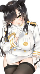 Rule 34 | 1girl, adjusting hair, aiguillette, animal ears, atago (azur lane), azur lane, bababababan, bad id, bad pixiv id, black hair, black thighhighs, blurry, breasts, buttons, chair, closed mouth, commentary, cowboy shot, crossed legs, depth of field, double-breasted, full body, garter straps, gloves, grey background, hair ribbon, high heels, highres, large breasts, long hair, long sleeves, looking at viewer, military, military uniform, miniskirt, mole, mole under eye, ribbon, side slit, simple background, sitting, skirt, smile, solo, thighhighs, two-tone background, uniform, white background, white footwear, white gloves, white ribbon, white skirt, yellow eyes