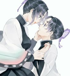 Rule 34 | 1girl, animal print, black hair, breasts, butterfly hair ornament, butterfly print, coat, cowboy shot, dual persona, face-to-face, gradient hair, hair ornament, hand on another&#039;s chin, haori, holding another&#039;s wrist, japanese clothes, kimetsu no yaiba, kochou shinobu, lips, lipstick, long sleeves, makeup, medium breasts, multicolored hair, open mouth, parted bangs, profile, purple eyes, purple hair, short hair, simple background, suikyou394, tears, time paradox, two-tone hair, uniform, white background, wide sleeves