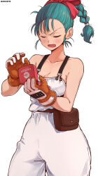 Rule 34 | 1girl, aosora2823, aqua hair, artist name, belt, belt pouch, blush, bow, braid, braided ponytail, breasts, brown belt, brown gloves, bulma, capsule corp, cleavage, closed eyes, collarbone, commentary request, cowboy shot, dragon ball, dragon ball (classic), gloves, hair bow, hair pulled back, highres, leather, leather gloves, medium breasts, medium hair, open mouth, overalls, pants, pouch, red bow, scowl, simple background, sleeveless, solo, standing, v-shaped eyebrows, white background, white pants